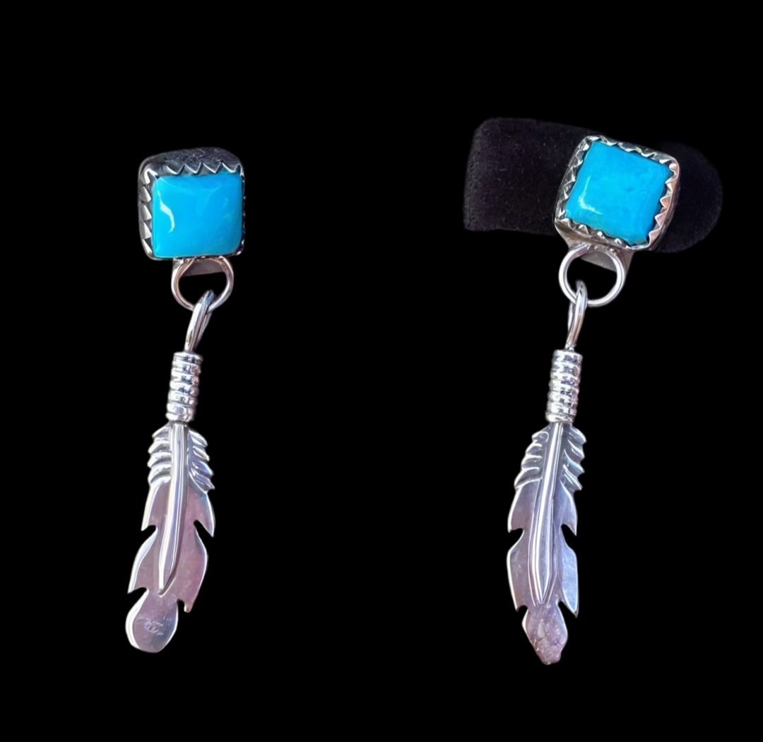 Square Turquoise Stone w/ Feather Earrings
