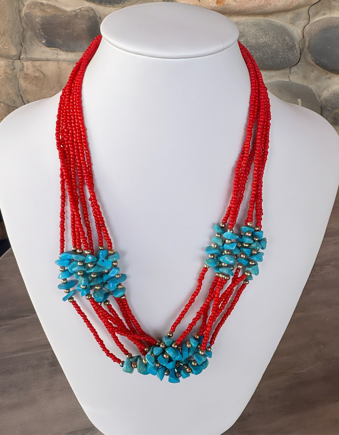Coral Rondelle &Turquoise Chip Necklace