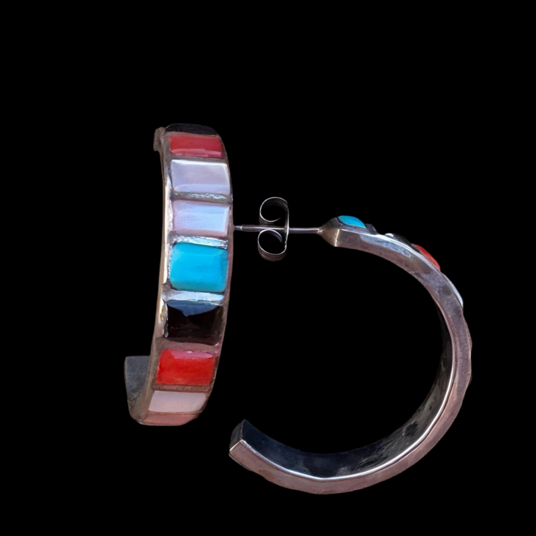 Opal, Onyx, Turq and Coral Stud Half Hoop Earrings