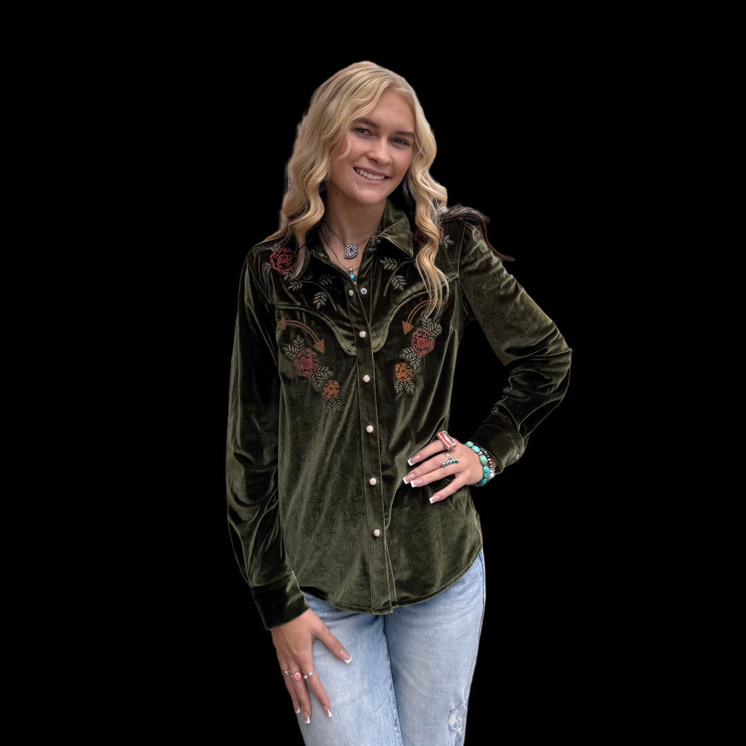 Panhandle Retro Velvet Embroidered Pearl Snap