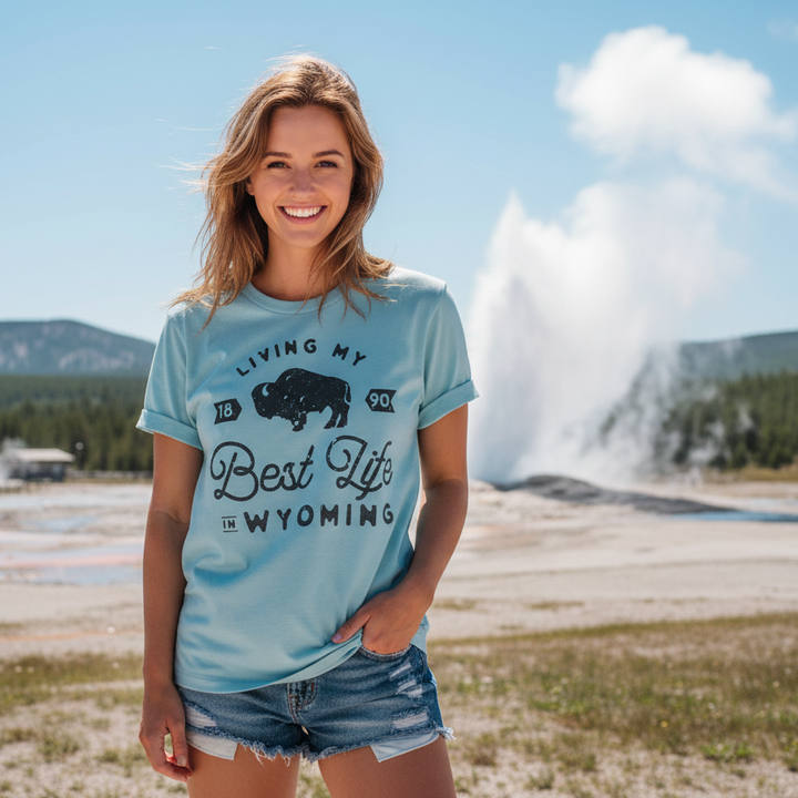Women's "Living Best Life in Wyoming" Dusty Blue Tee