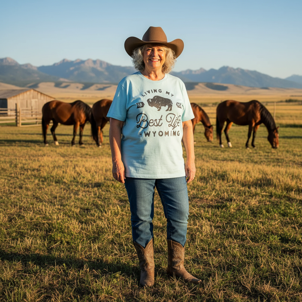Women's "Living Best Life in Wyoming" Dusty Blue Tee