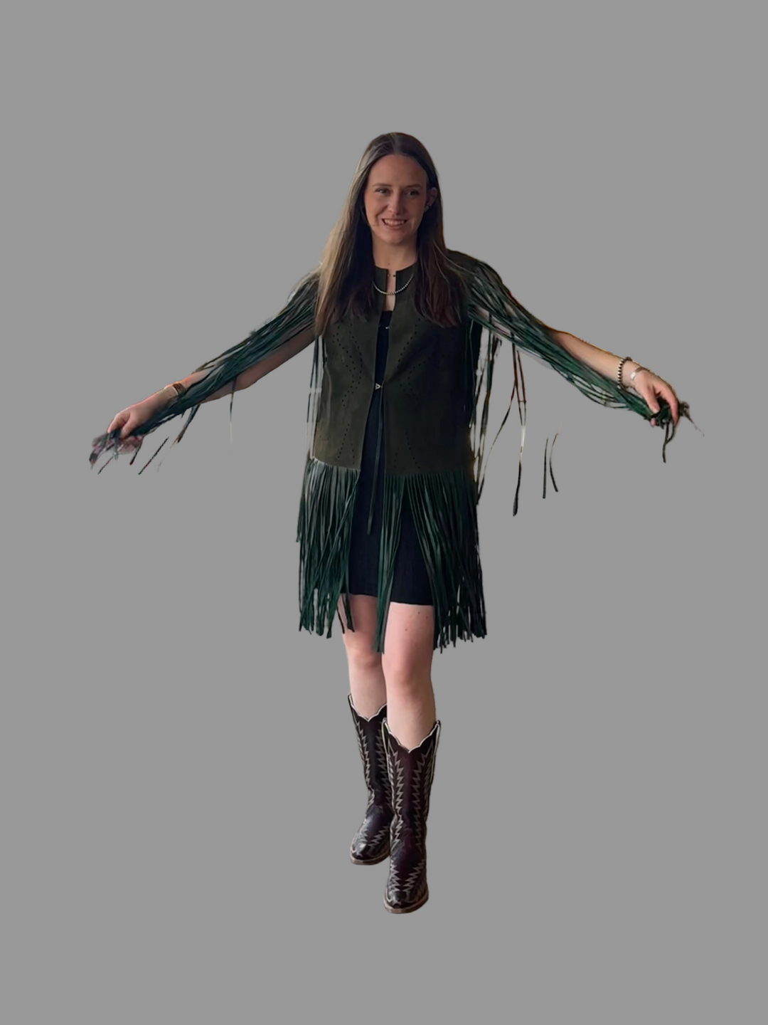 Dakota West Green Long Fringe Vest