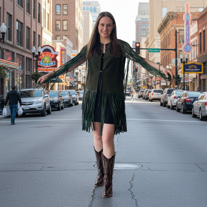 Dakota West Green Long Fringe Vest