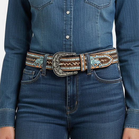 Turquoise Rodeo Cowboy Tooled Leather Belt