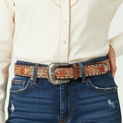 American Darling- Women’s Tooled Leather Belt - Red Floral with Tan Scrolls and Diamond Border