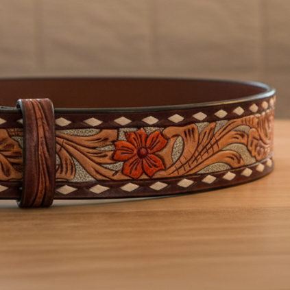 American Darling- Women’s Tooled Leather Belt - Red Floral with Tan Scrolls and Diamond Border