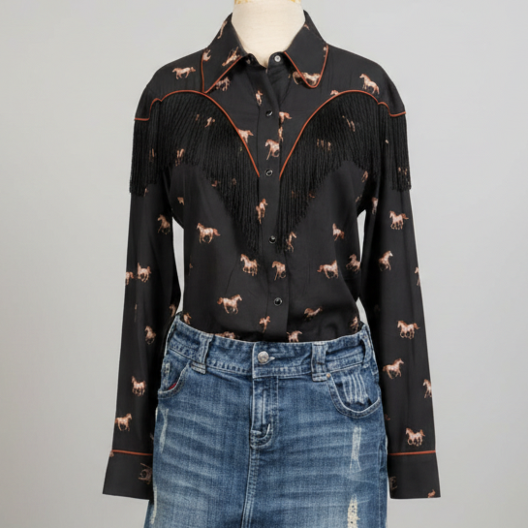 Rock & Roll Horse Print Pearl Snap w/ Fringe