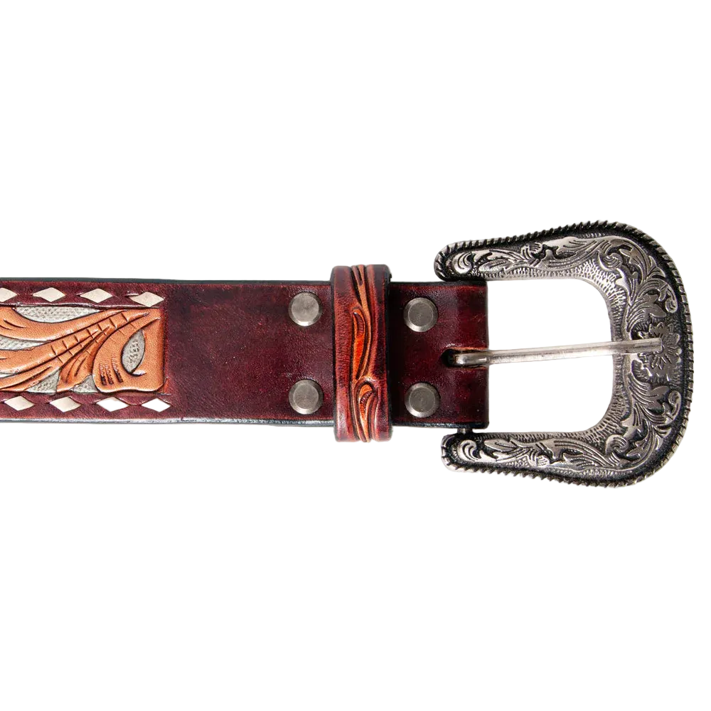 American Darling- Women’s Tooled Leather Belt - Red Floral with Tan Scrolls and Diamond Border