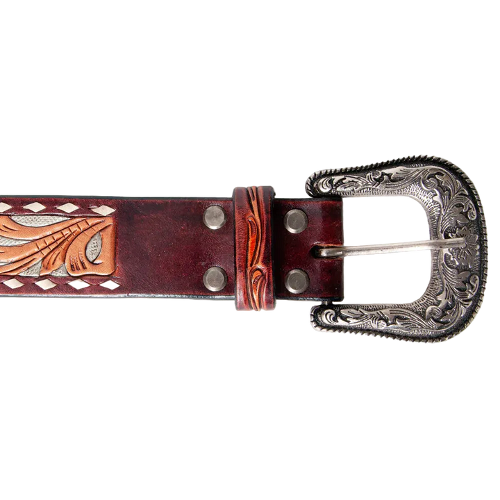 American Darling- Women’s Tooled Leather Belt - Red Floral with Tan Scrolls and Diamond Border