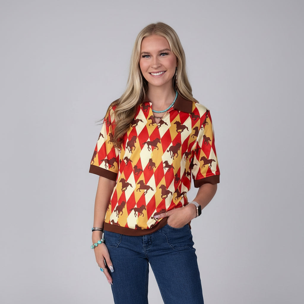 Diamond Checkered Running Horse Collared Shirt