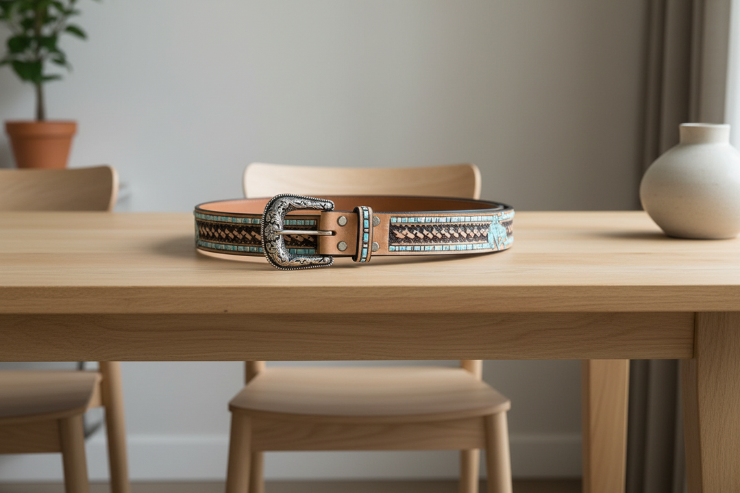 Turquoise Rodeo Cowboy Tooled Leather Belt
